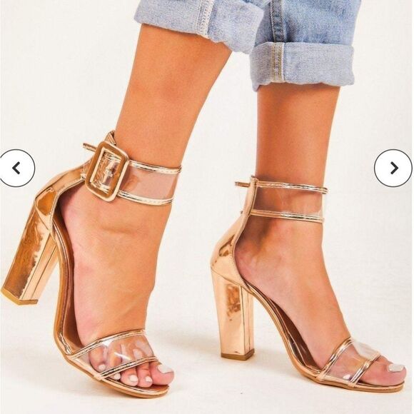 HERSTYLE CLEAR ADJUSTABLE BUCKLE ANKLE BACK STRAP ROUND TOE BLOCK HEEL SANDAL - Picture 1 of 14